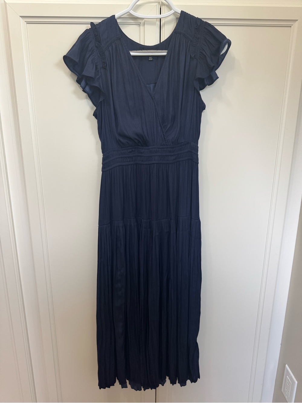 Current Air Navy V-Neck Midi Dress with Ruffle Sleeves